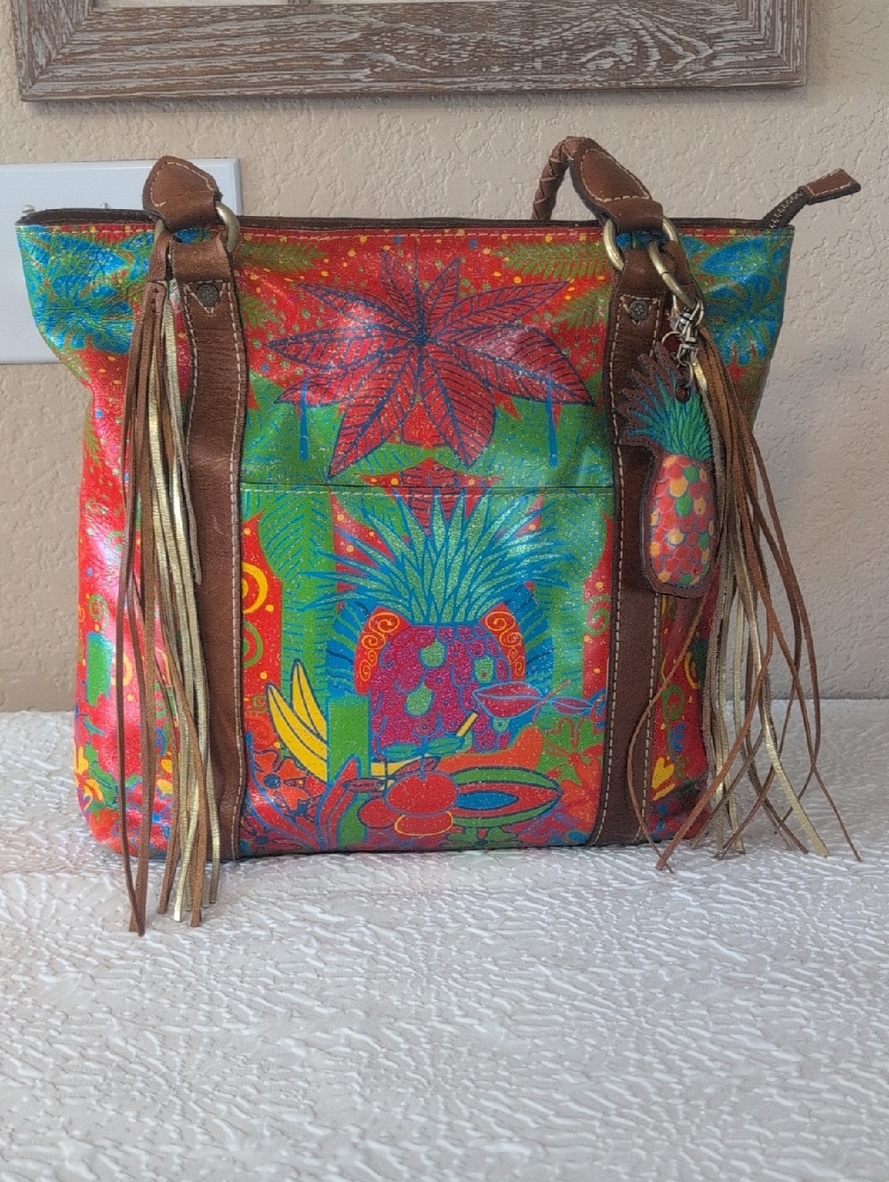 Patricia Nash  Leather Tropical Pineapple Fringe Tote Bag